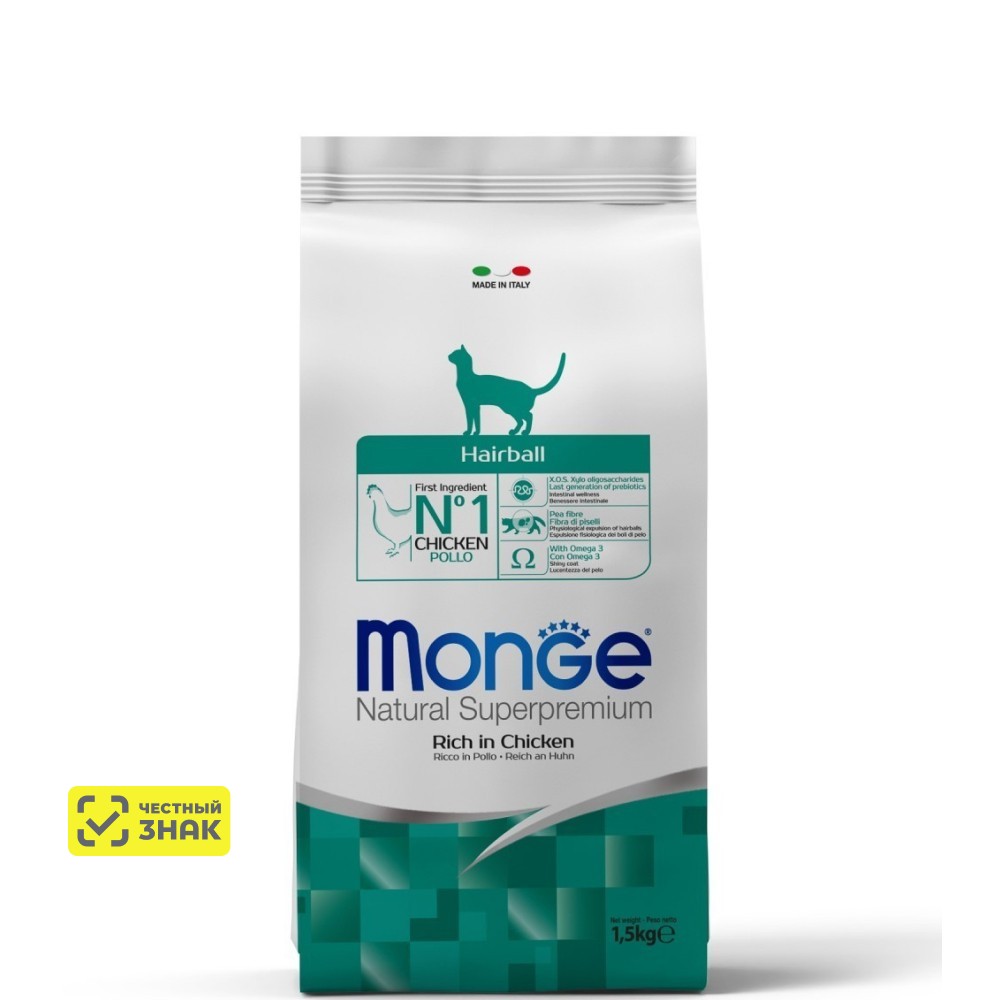 

Monge Hairball Сухой корм для домашних кошек страдающих от скопления комков шерсти в желудке, с курицей, 1,5 кг