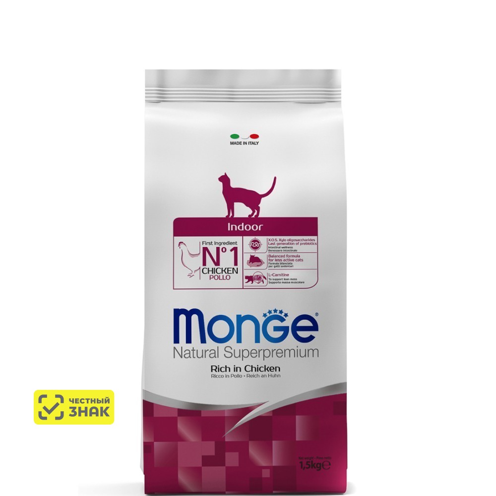 

Monge Indoor Сухой корм для домашних кошек с низкой физической активностью, с курицей, 1,5 кг