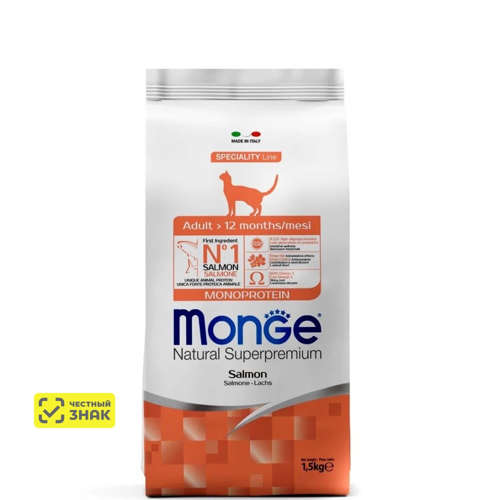 

Monge Adult Cat Сухой корм для взрослых кошек, с лососем, 1,5 кг