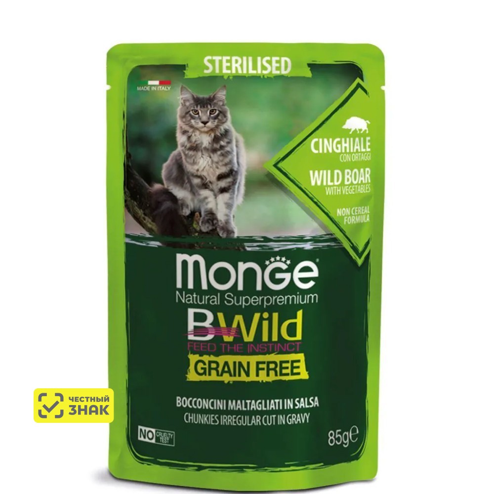 

Monge BWild Grain Free Влажный корм (пауч) для стерилизованных кошек, с мясом дикого кабана и овощами, 85 гр.