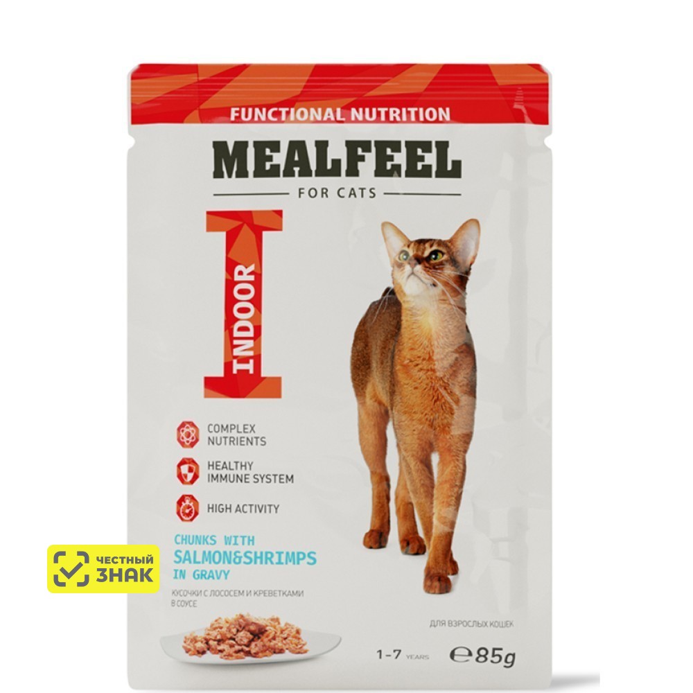 

Mealfeel Indoor Влажный корм (пауч) для кошек, лосось и креветки в соусе с кусочками куриного филе, 85 гр.