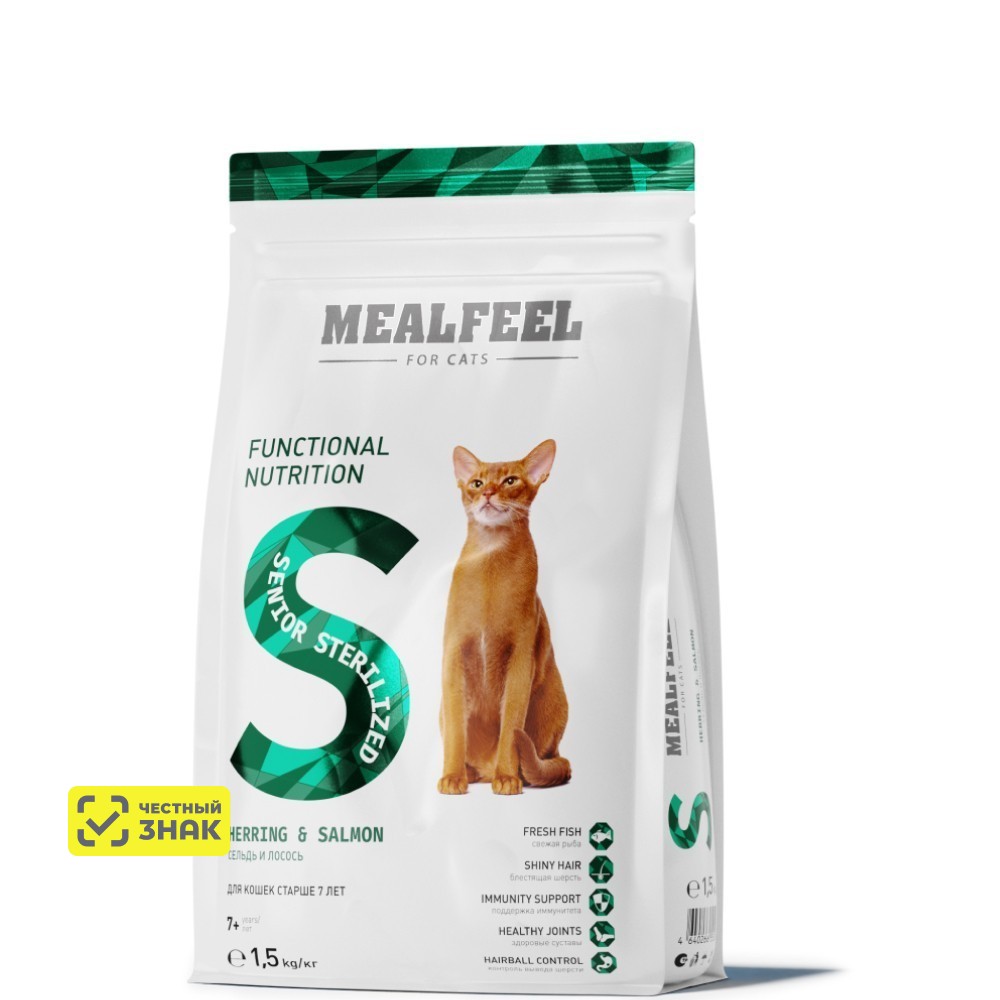 

Mealfeel Senior Sterilized Сухой корм для стерилизованных кошек старше 7 лет, с сельдью и лососем, 1,5 кг