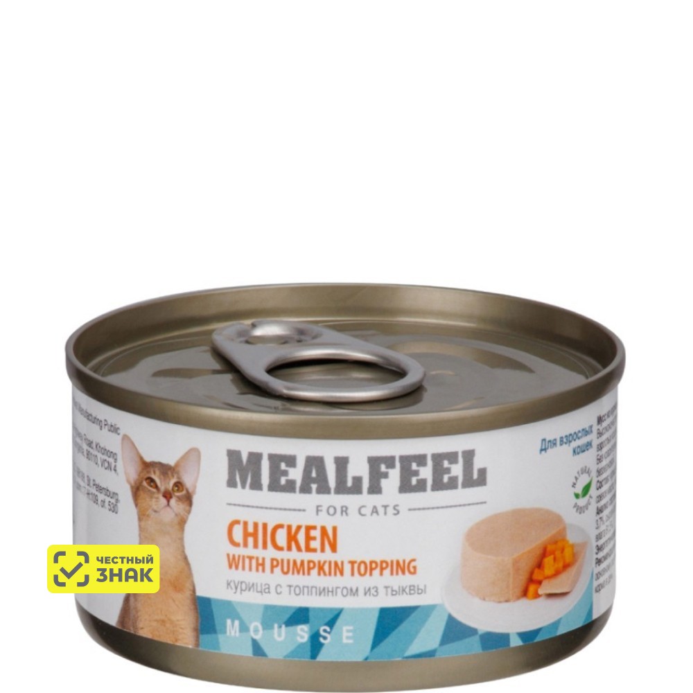 Mealfeel Влажный корм для кошек, мусс из курицы с топпингом из тыквы, 85 гр