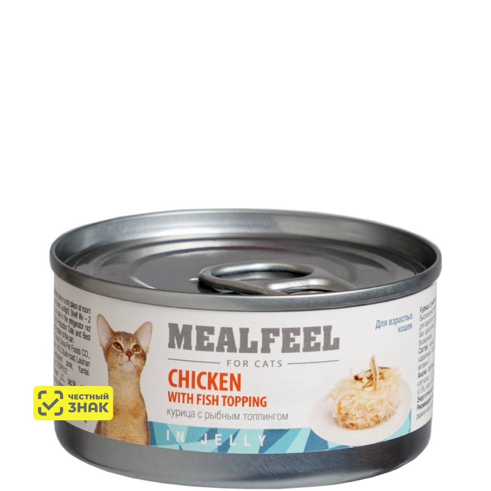 

Mealfeel Влажный корм (консервы) для кошек, курица с рыбным топпингом в желе, 85 гр.