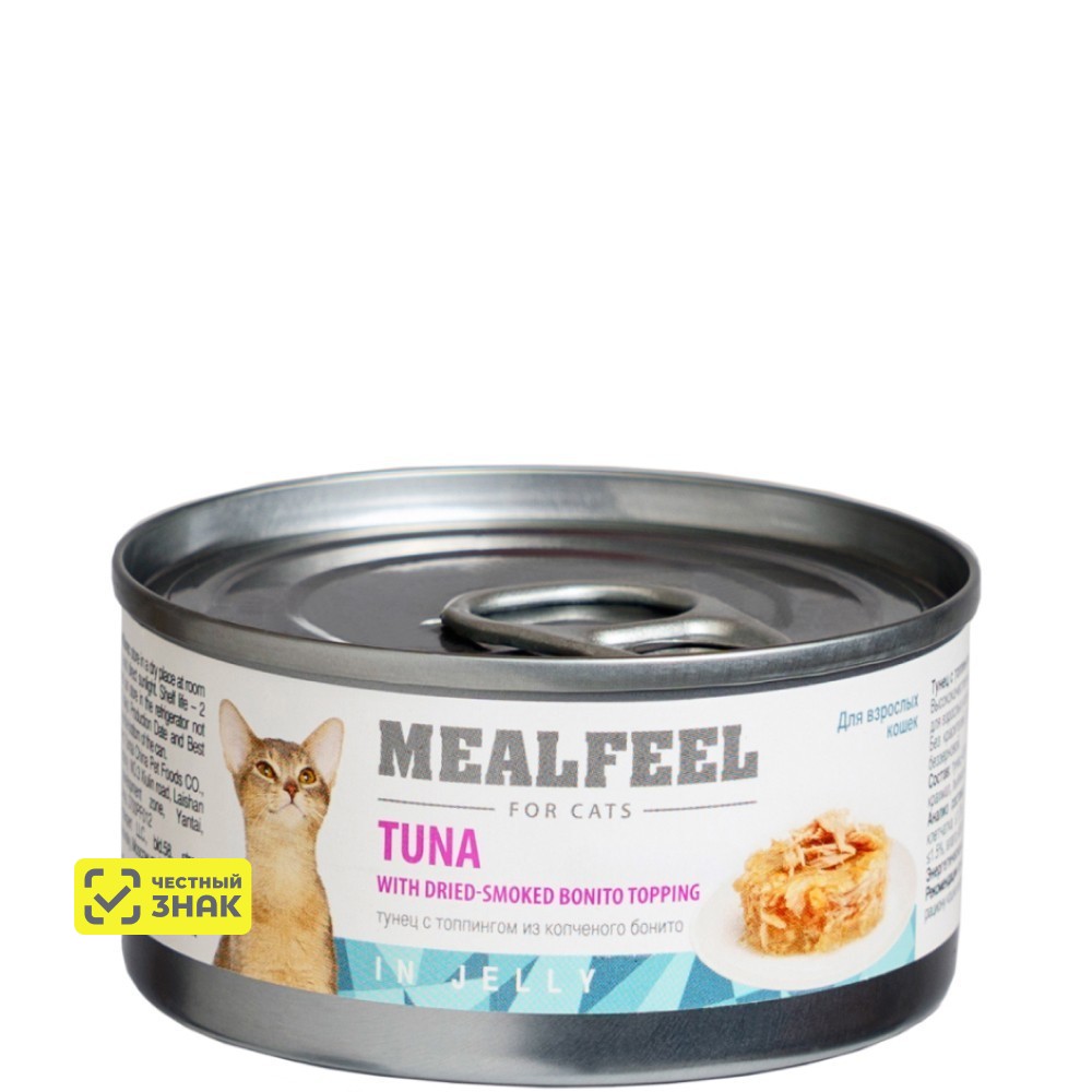 

Mealfeel Влажный корм (консервы) для кошек, тунец с топпингом из копченого бонито в желе, 85 гр.