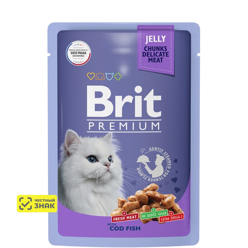 

Brit Premium Влажный корм (пауч) для взрослых кошек, с треской в желе, 85 гр.