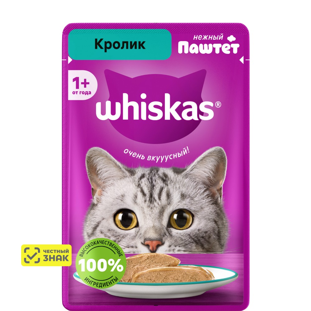 

Whiskas Влажный корм (пауч) для кошек, паштет с кроликом, 75 гр.