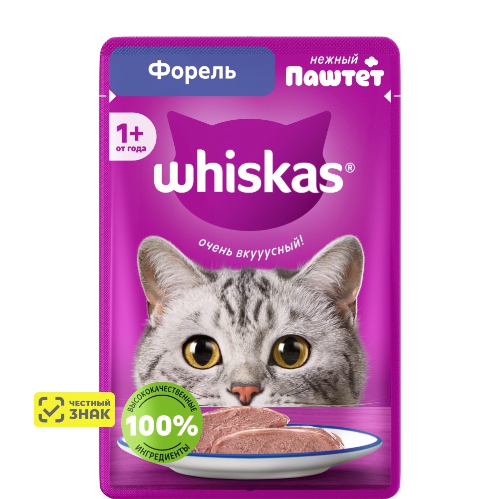 

Whiskas Влажный корм (пауч) для кошек, паштет с форелью, 75 гр.