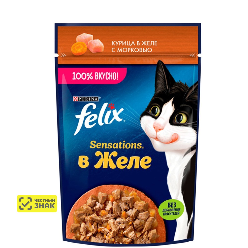 

Felix Sensations Влажный корм (пауч) для взрослых кошек, с курицей в желе с морковью, 75 гр.