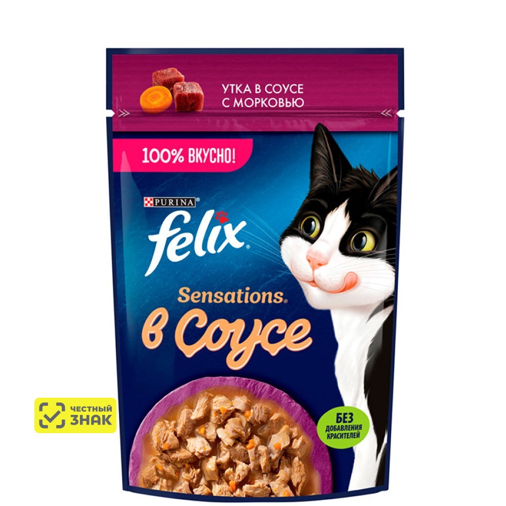 

Felix Sensations Влажный корм (пауч) для взрослых кошек, с уткой в соусе с морковью, 75 гр.
