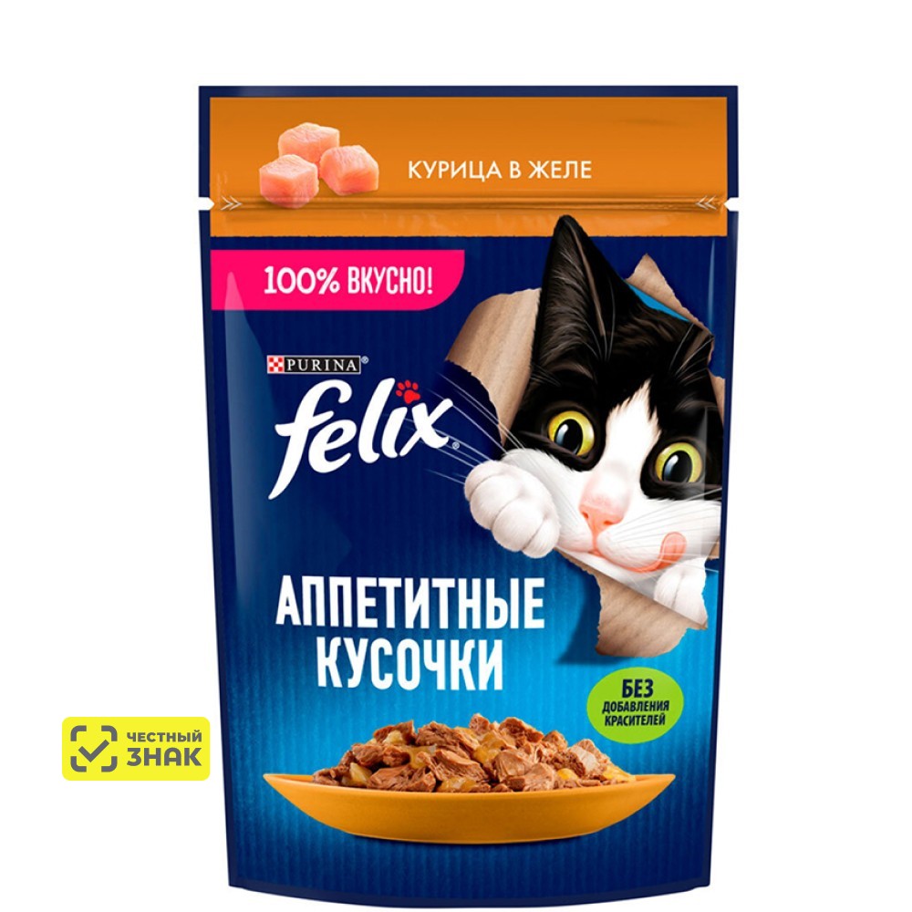 

Felix Влажный корм (пауч) для взрослых кошек Аппетитные кусочки, с курицей в желе, 75 гр.