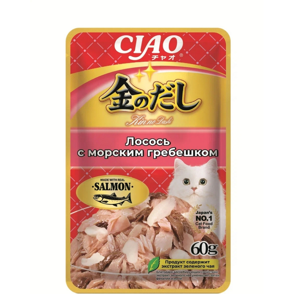 INABA CIAO Kinnodashi Влажный корм для кошек, с лососем и морским гребешком, 60 гр