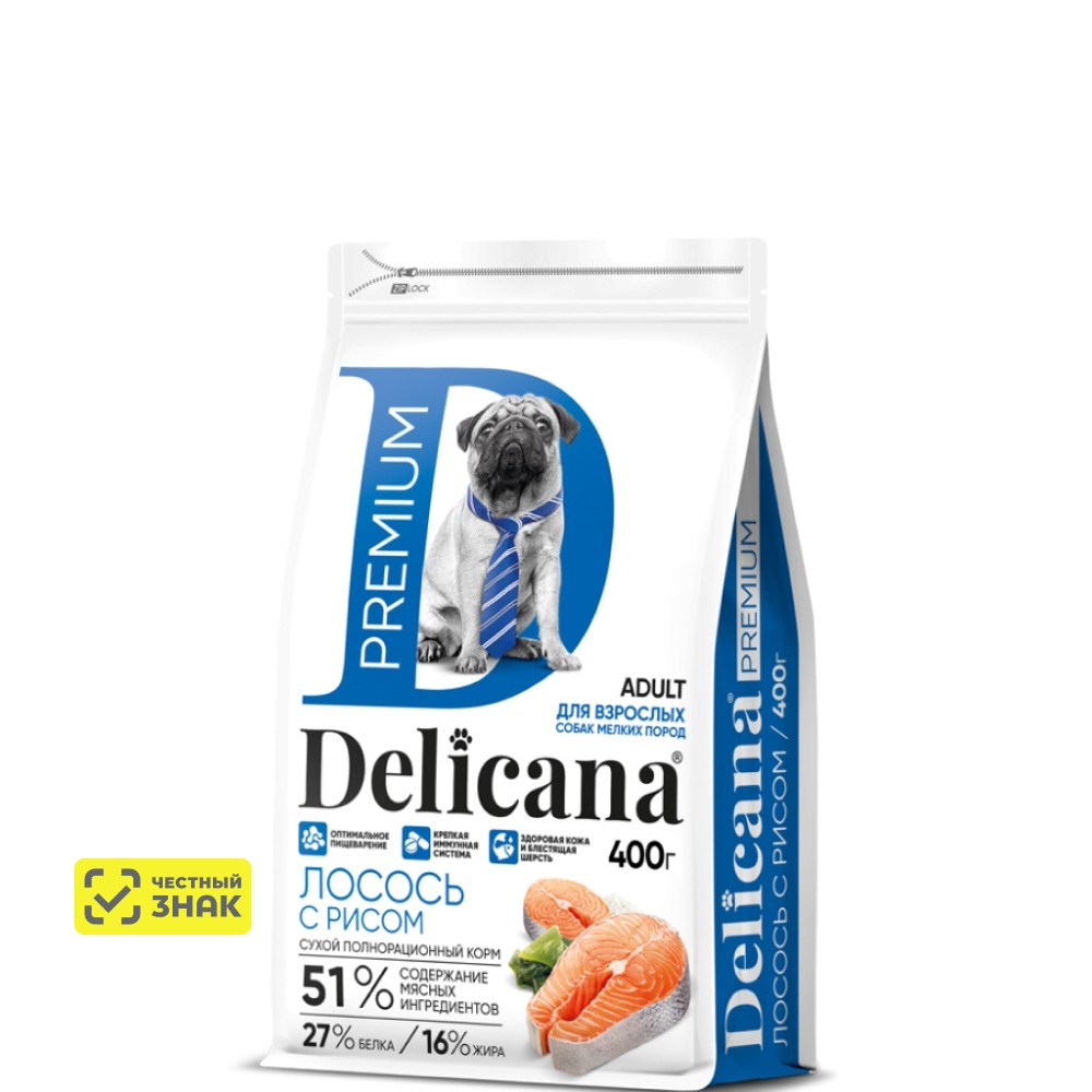 DELICANA Premium Сухой корм для собак мелких пород, лосось с рисом, 400 гр.