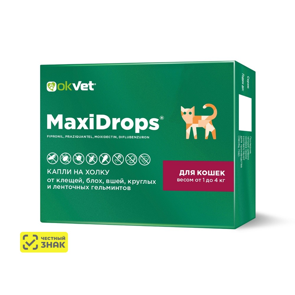 OKVET MaxiDrops капли для кошек от клещей, блох, вшей и гельминтов от 1 до 4 кг (0,5 мл.)
