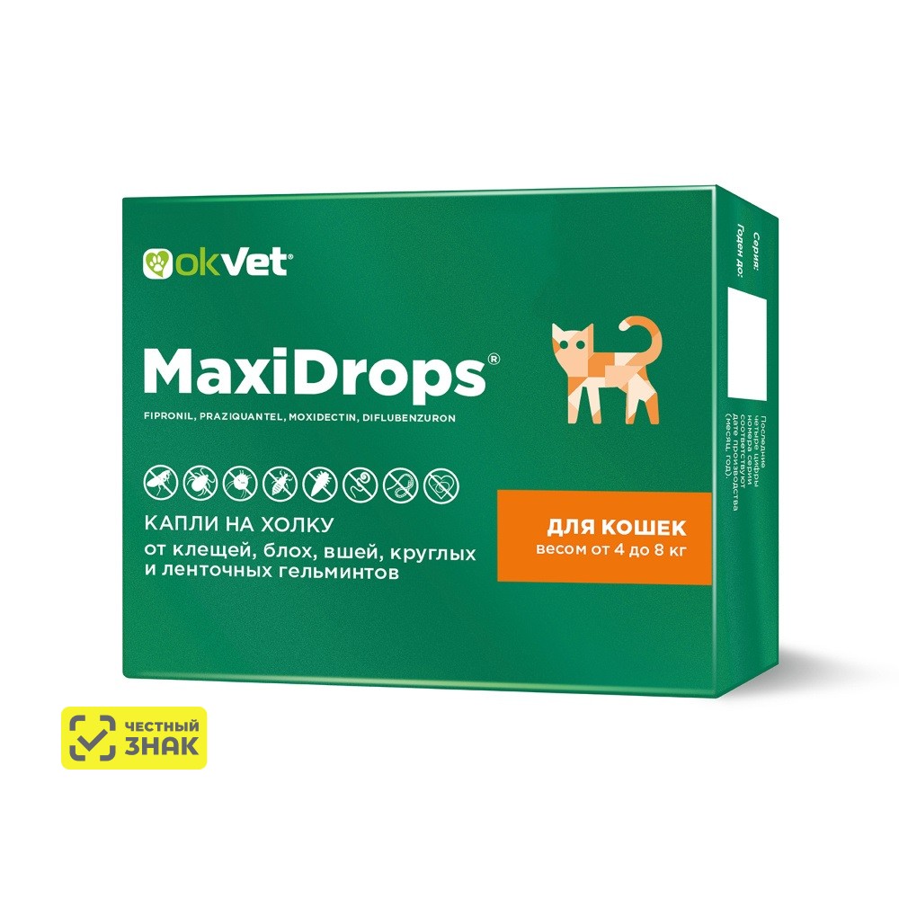 OKVET MaxiDrops капли для кошек от клещей, блох, вшей и гельминтов от 4 до 8 кг (1 мл.)