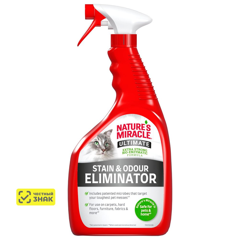 

Nature's Miracle Stain Odour Eliminator Спрей уничтожитель пятен и запахов кошек c максимальным эффектом, 946 мл
