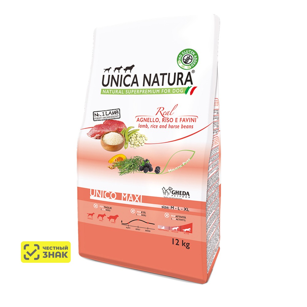UNICA Natura Maxi Сухой корм для собак крупных пород, с ягненком, рисом и бобами, 12 кг