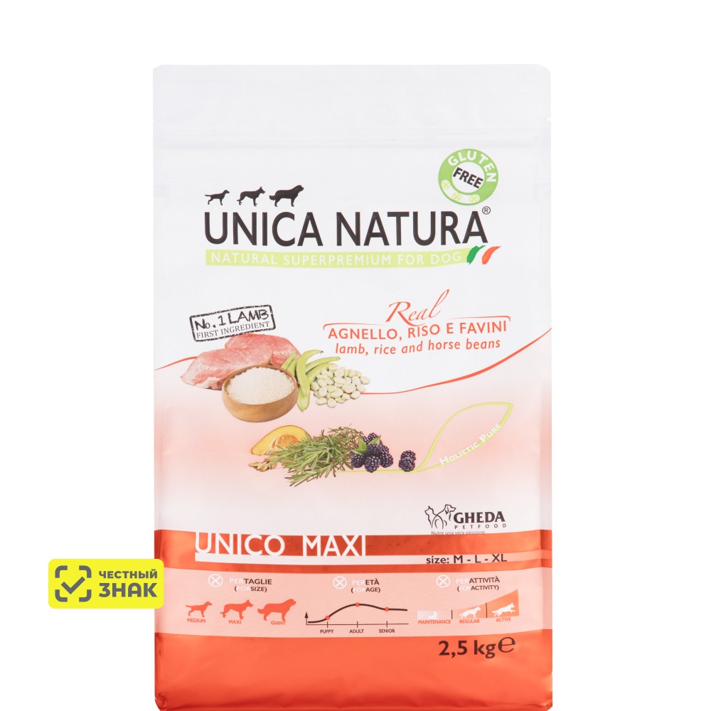 UNICA Natura Maxi Сухой корм для собак крупных пород, с ягненком, рисом и бобами, 2,5 кг