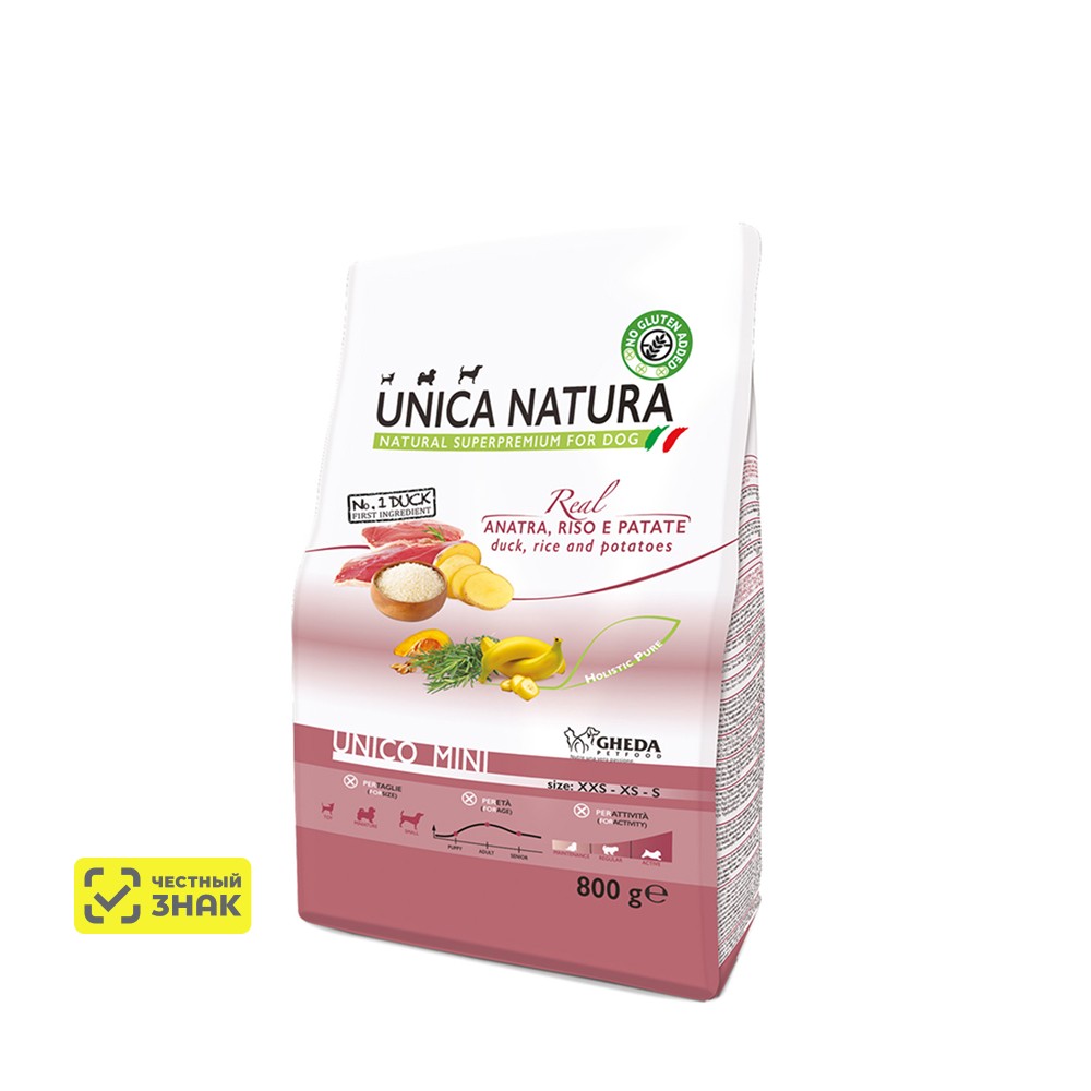UNICA Natura Mini Сухой корм для собак мелких пород, с уткой, рисом и картофелем, 800 гр.