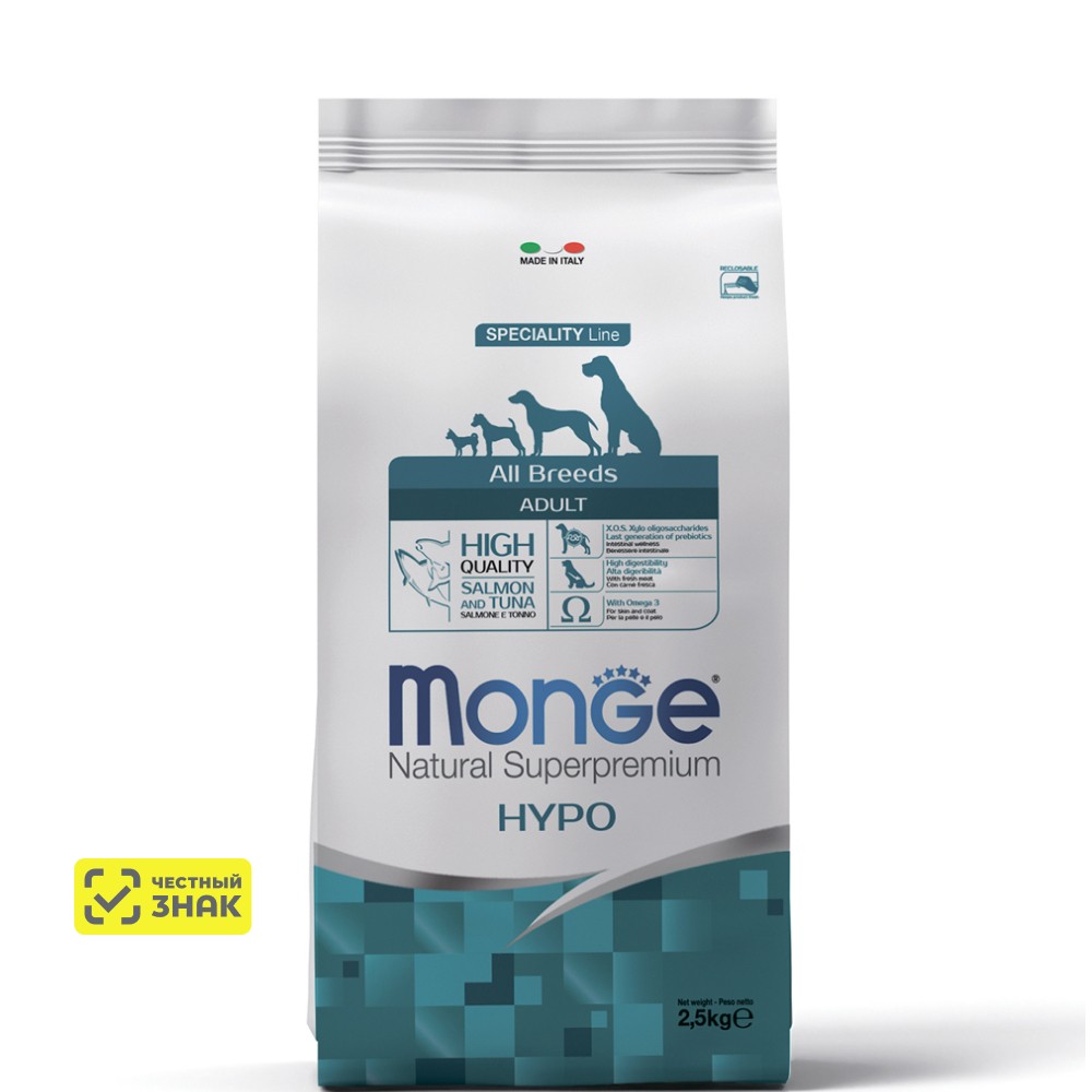 Monge All Breeds Hypoallergenic Сухой корм для взрослых собак, склонных к аллергическим реакциям и расстройствам пищеварения, с лососем и тунцом, 2,5 кг