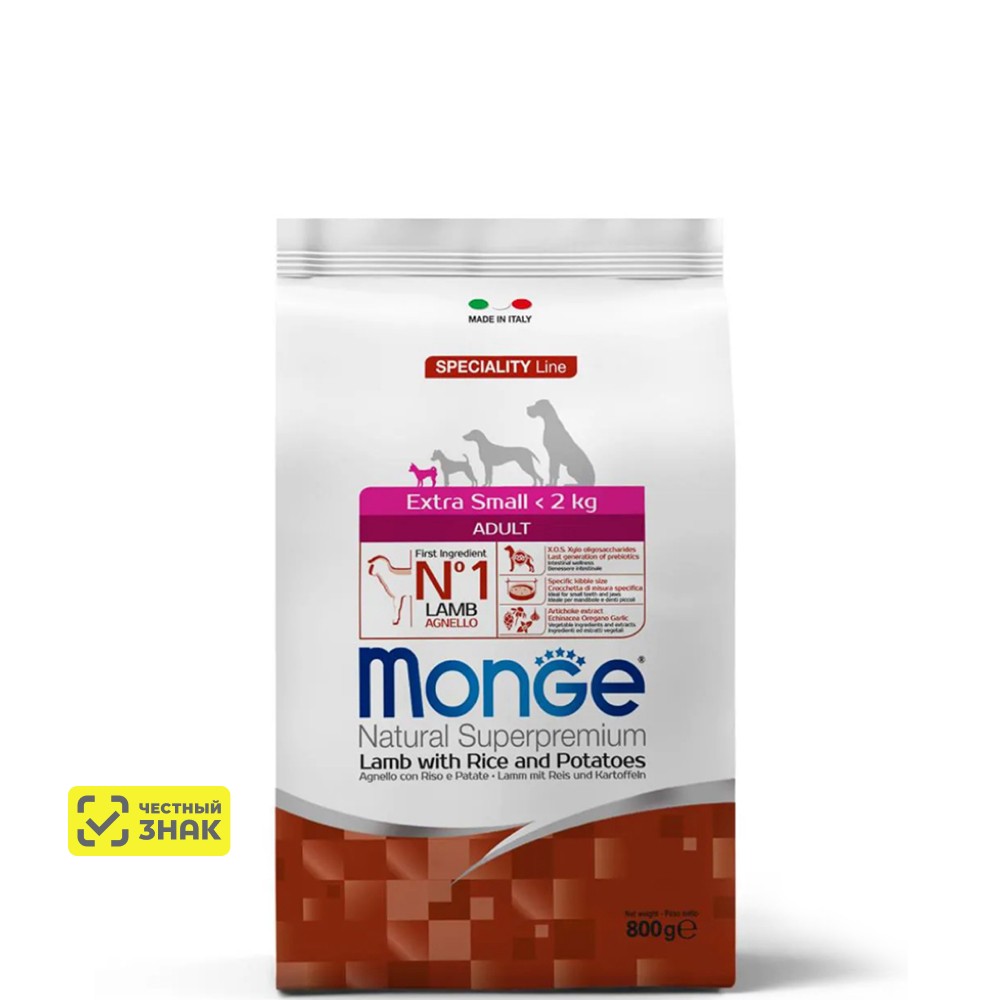 

Monge Extra Small Adult Сухой корм для взрослых собак миниатюрных пород, с ягненком, рисом и картофелем, 800 гр.