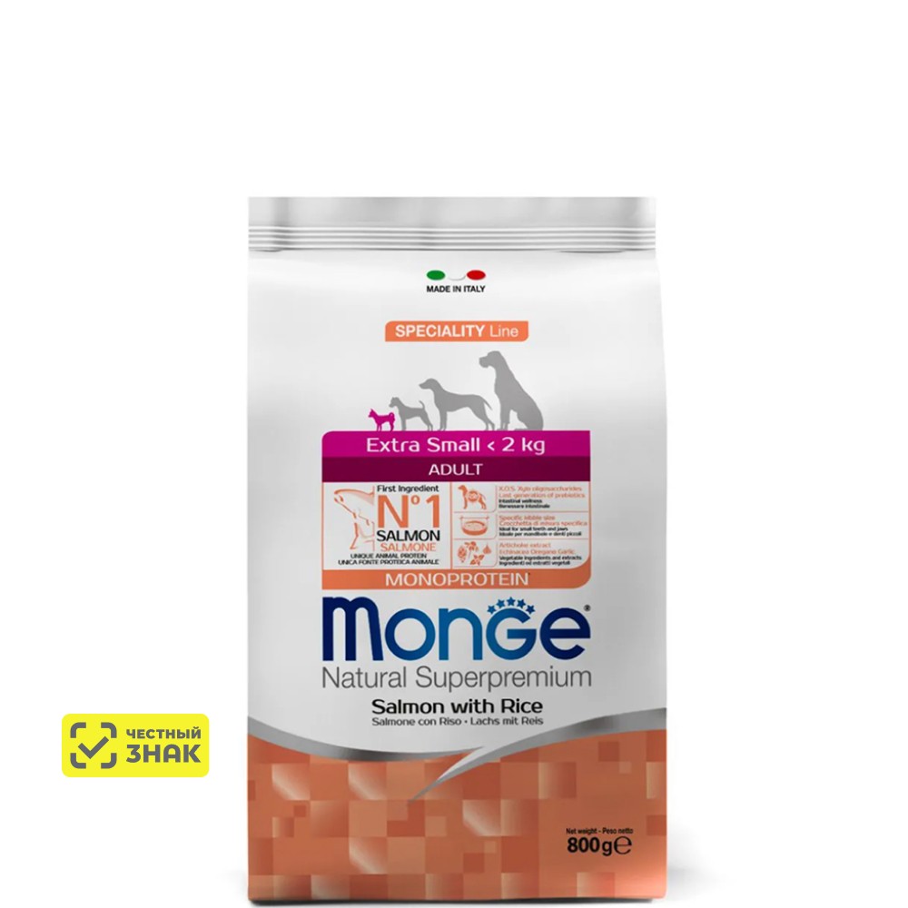 

Monge Extra Small Adult Сухой корм для взрослых собак миниатюрных пород, с лососем и рисом, 800 гр.