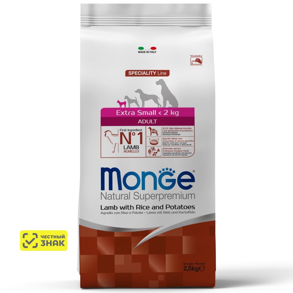 

Monge Extra Small Adult Сухой корм для взрослых собак миниатюрных пород, с ягненком, рисом и картофелем, 2,5 кг