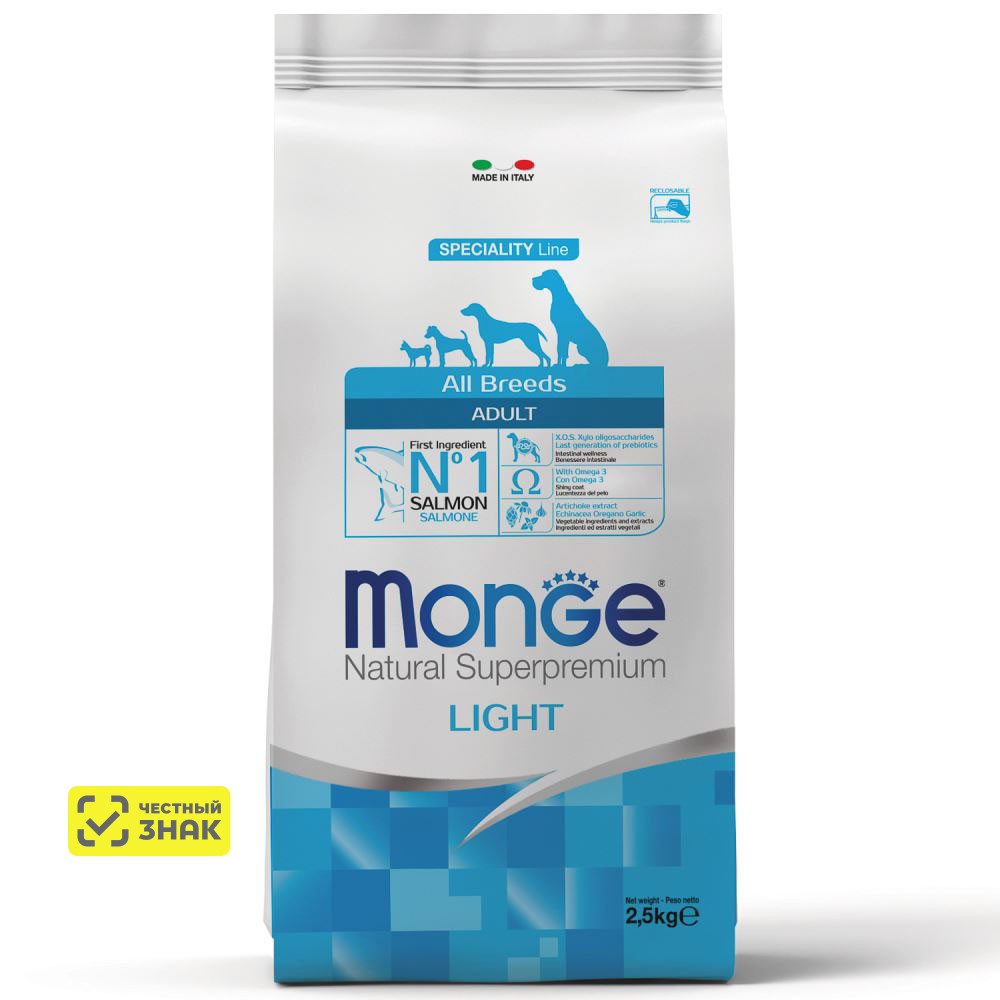 

Monge All Breeds Adult Light Сухой корм для взрослых собак всех пород склонных к набору избыточного веса, с лососем и рисом, 2,5 кг