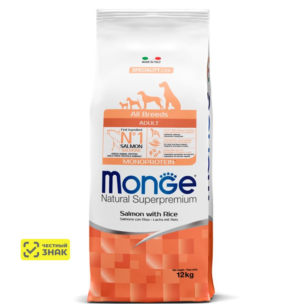 

Monge All Breeds Adult Сухой корм для взрослых собак всех пород, с лососем и рисом, 12 кг