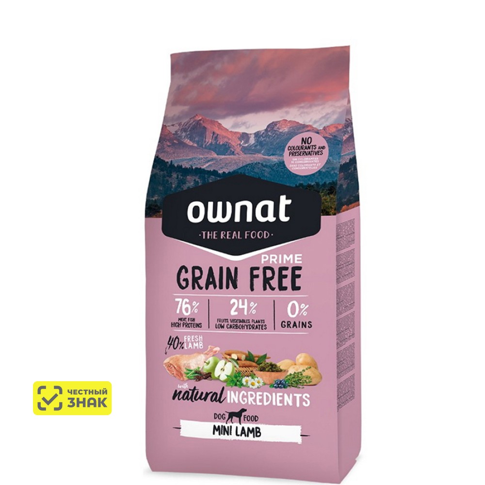 Ownat Mini Grain Free Сухой корм беззерновой для собак мелких пород, с ягненком, 3 кг