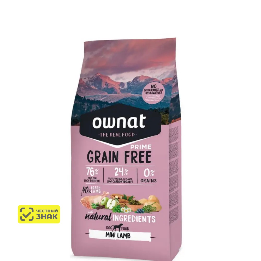 Ownat Mini Grain Free Сухой корм беззерновой для собак мелких пород, с ягненком, 1 кг