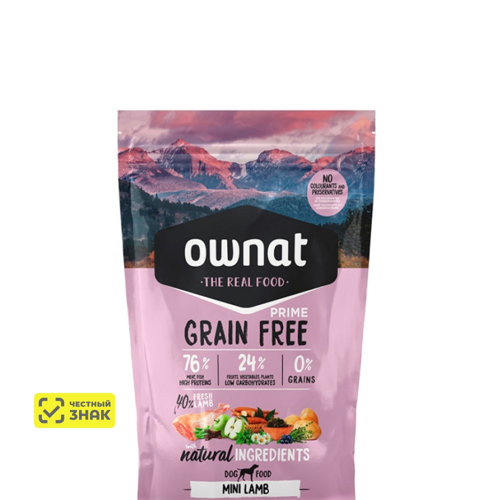 Ownat Mini Grain Free Сухой корм беззерновой для собак мелких пород, с ягненком, 400 гр.