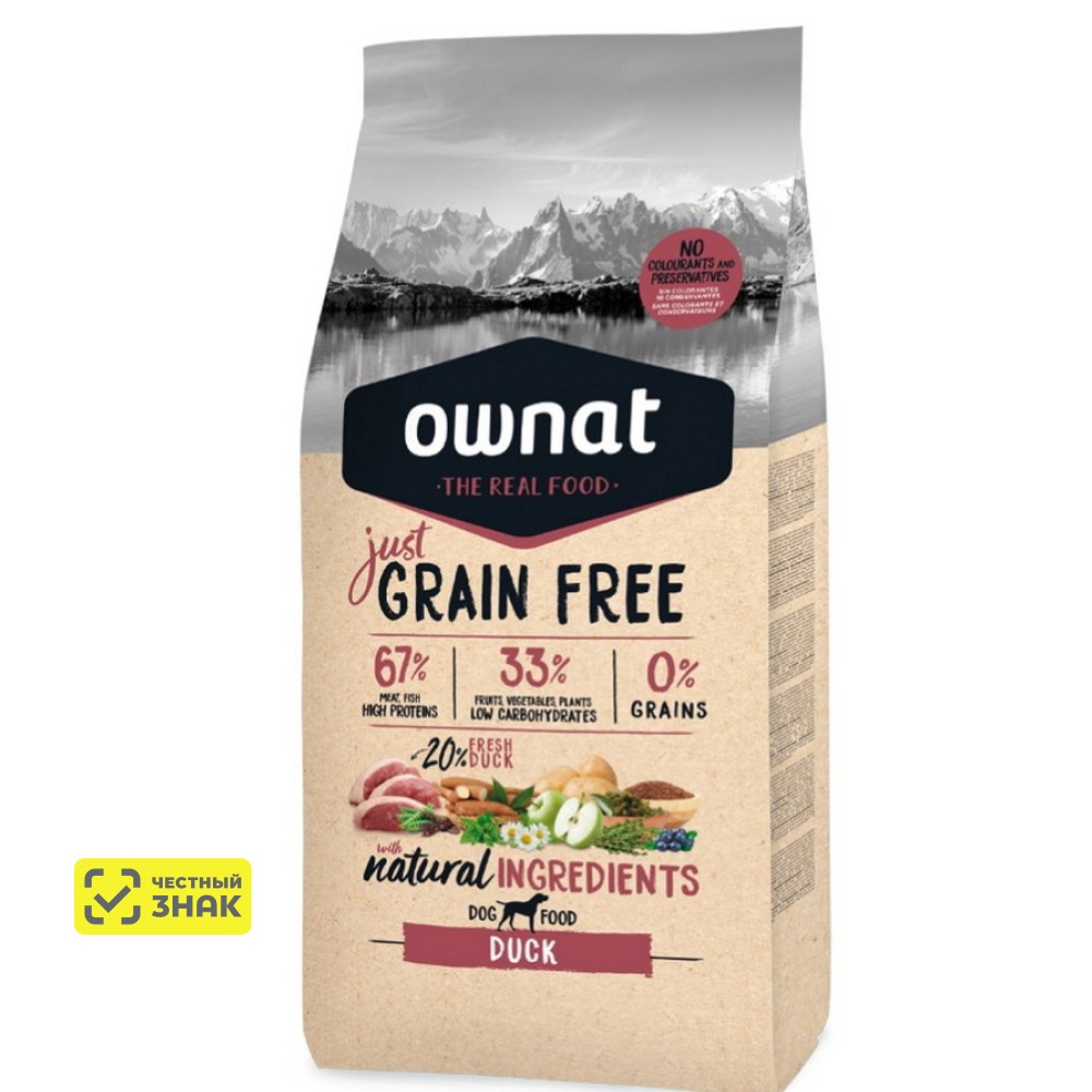 Ownat Adult Grain Free Сухой корм для взрослых собак, с уткой, 14 кг