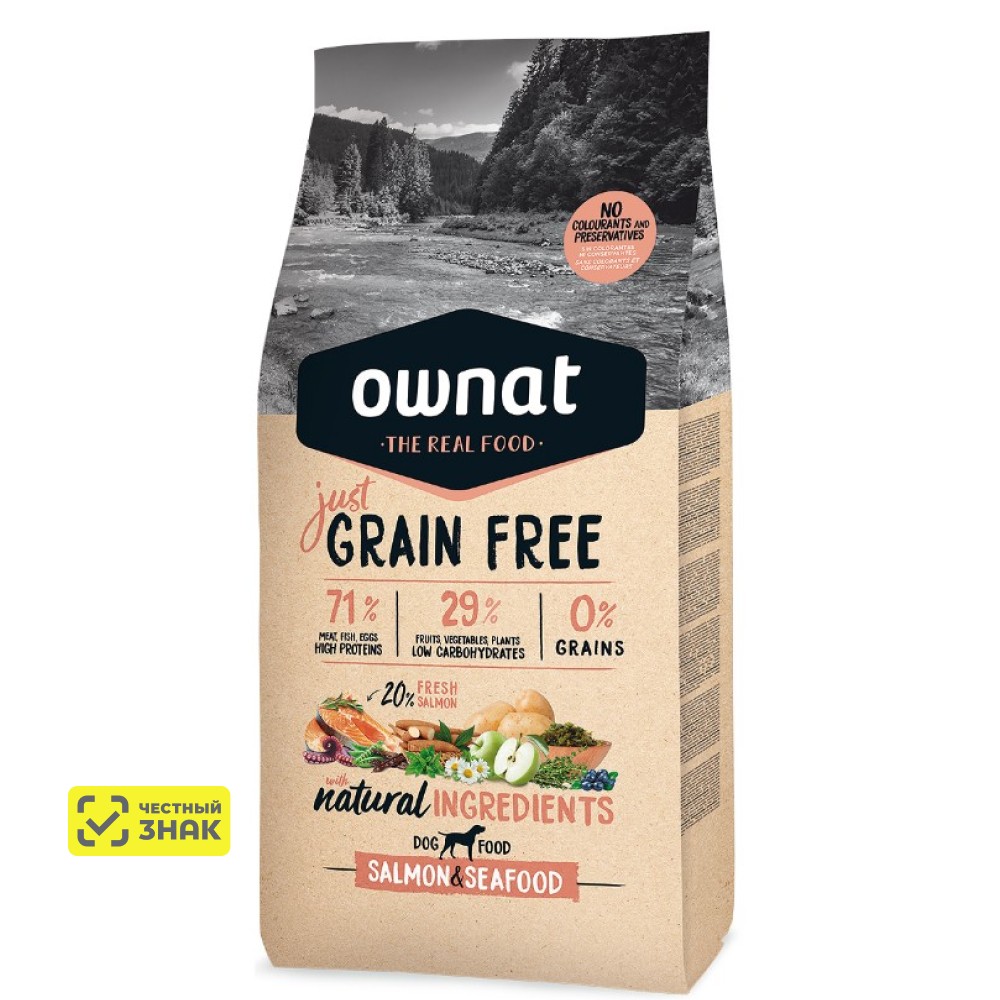 Ownat Grain Free Just Сухой корм беззерновой для собак, с лососем и морепродуктами, 14 кг