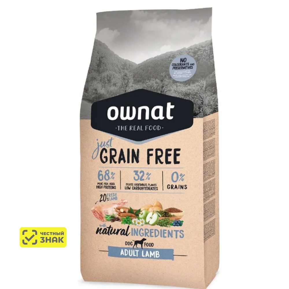 Ownat Adult Grain Free Сухой корм беззерновой для взрослых собак, с ягненком, 14 кг