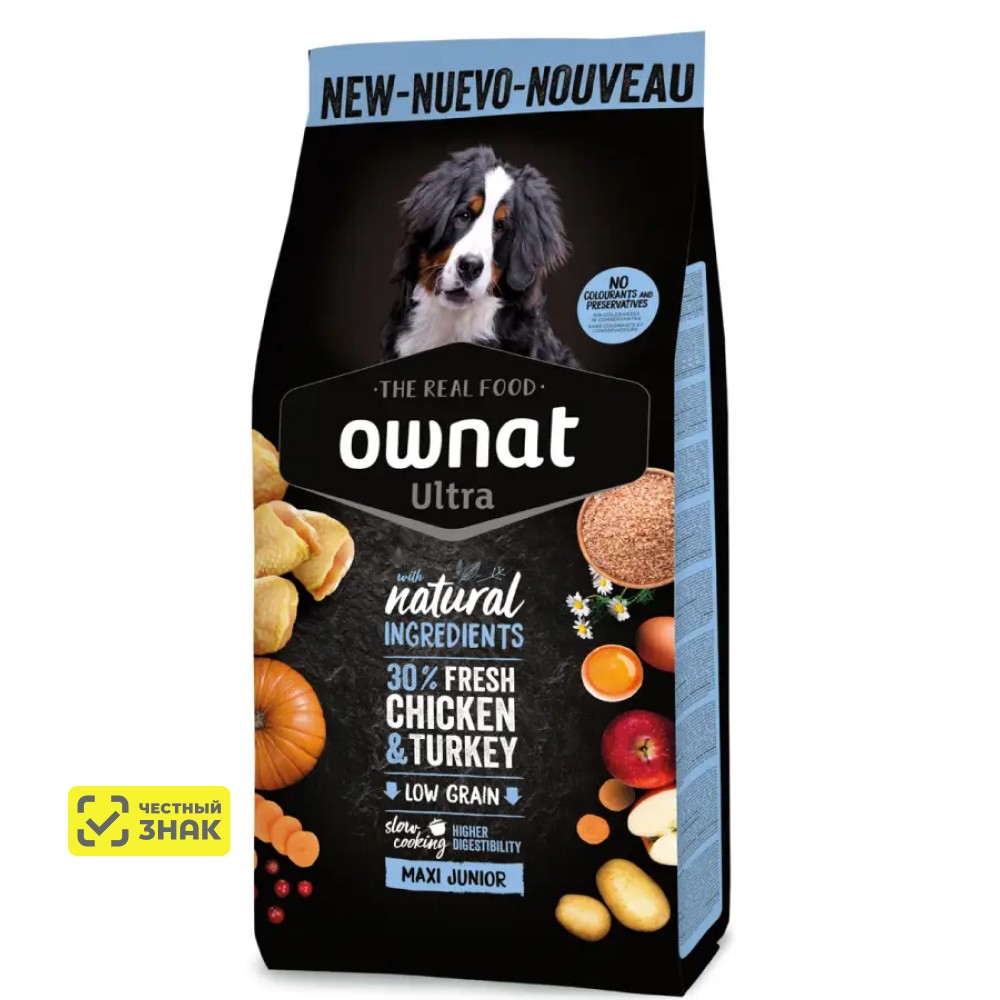 Ownat Maxi Junior Ultra Сухой корм для щенков крупных пород, с курицей и индейкой, 12 кг