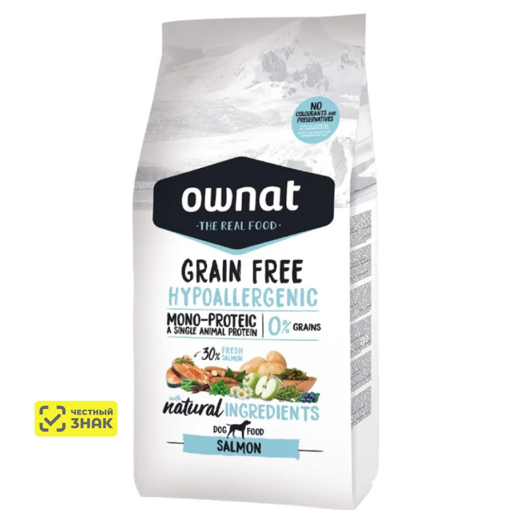 Ownat Grain Free Hypoallergenic Сухой корм гипоаллергенный для собак, с лососем, 12 кг