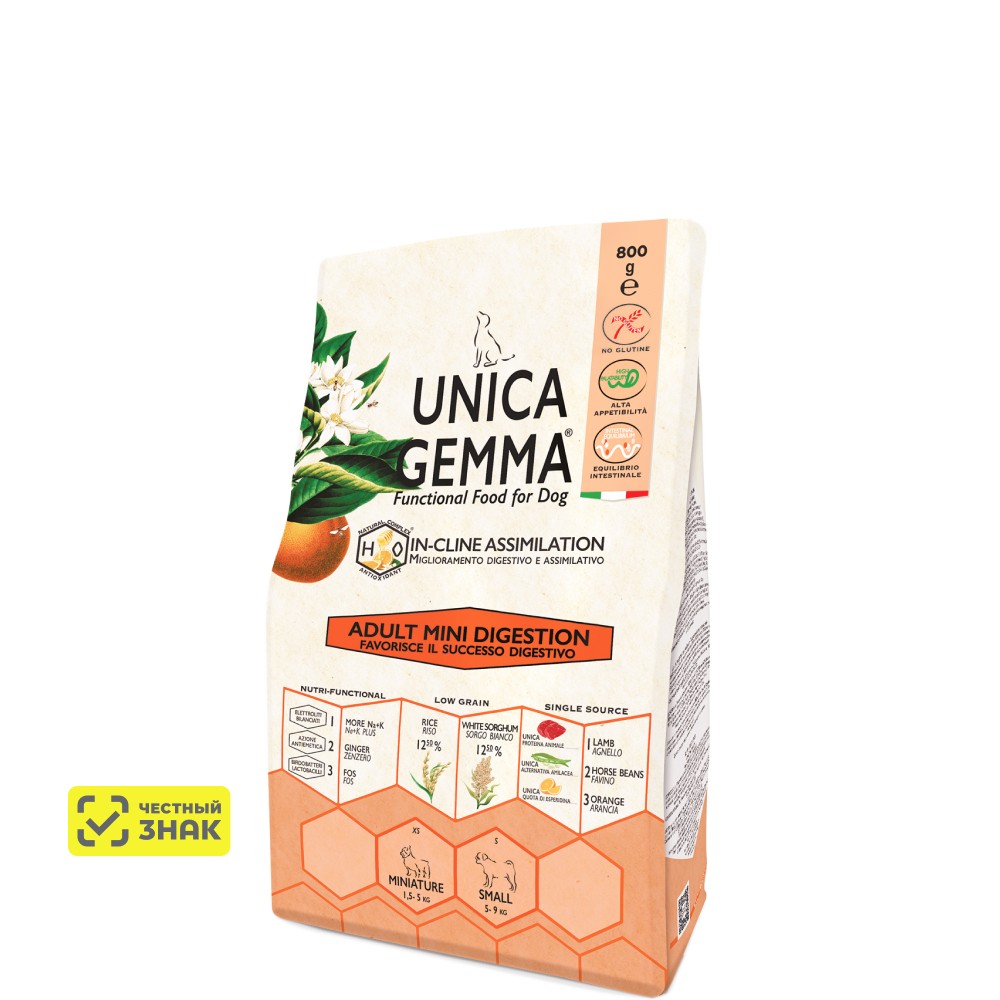 

UNICA Gemma Сухой корм для взрослых собак мелких пород для решения проблем с пищеварением, 800 гр.