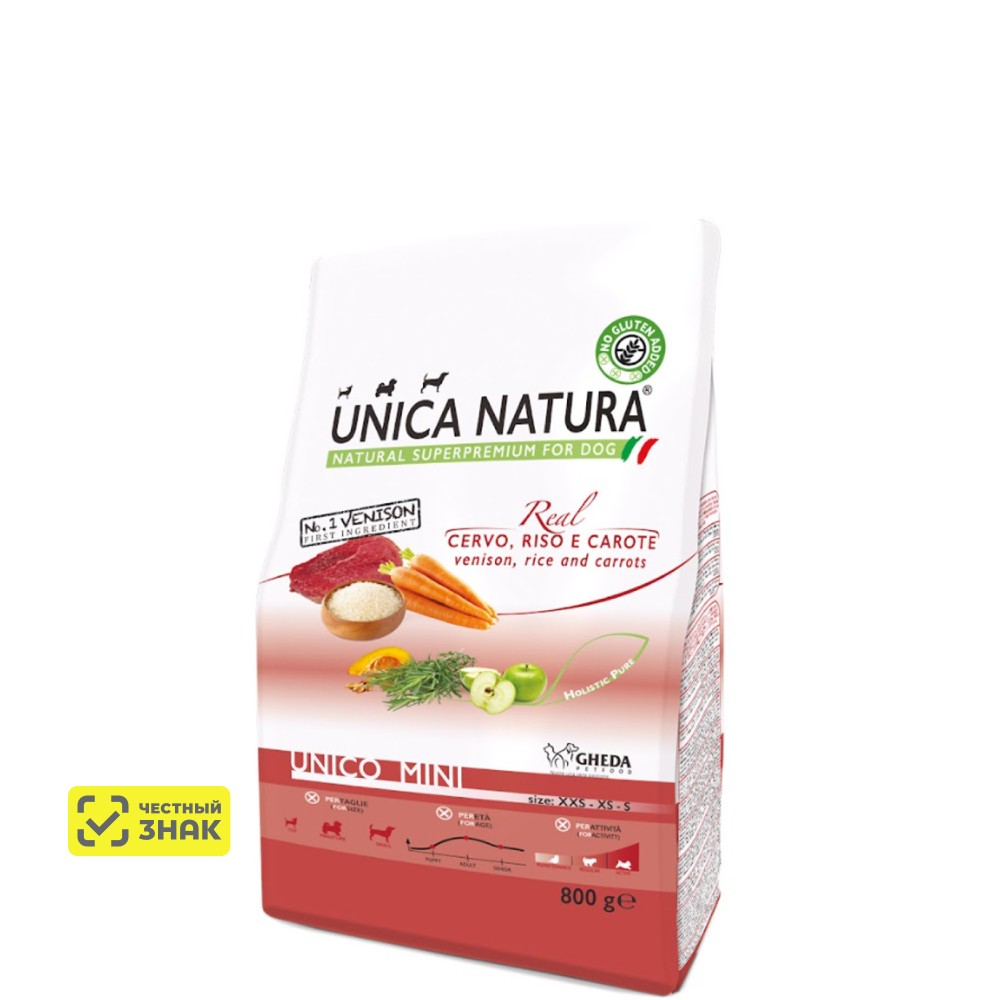 UNICA Natura Сухой корм для собак мелких пород, оленина, рис и морковка, 800 гр.