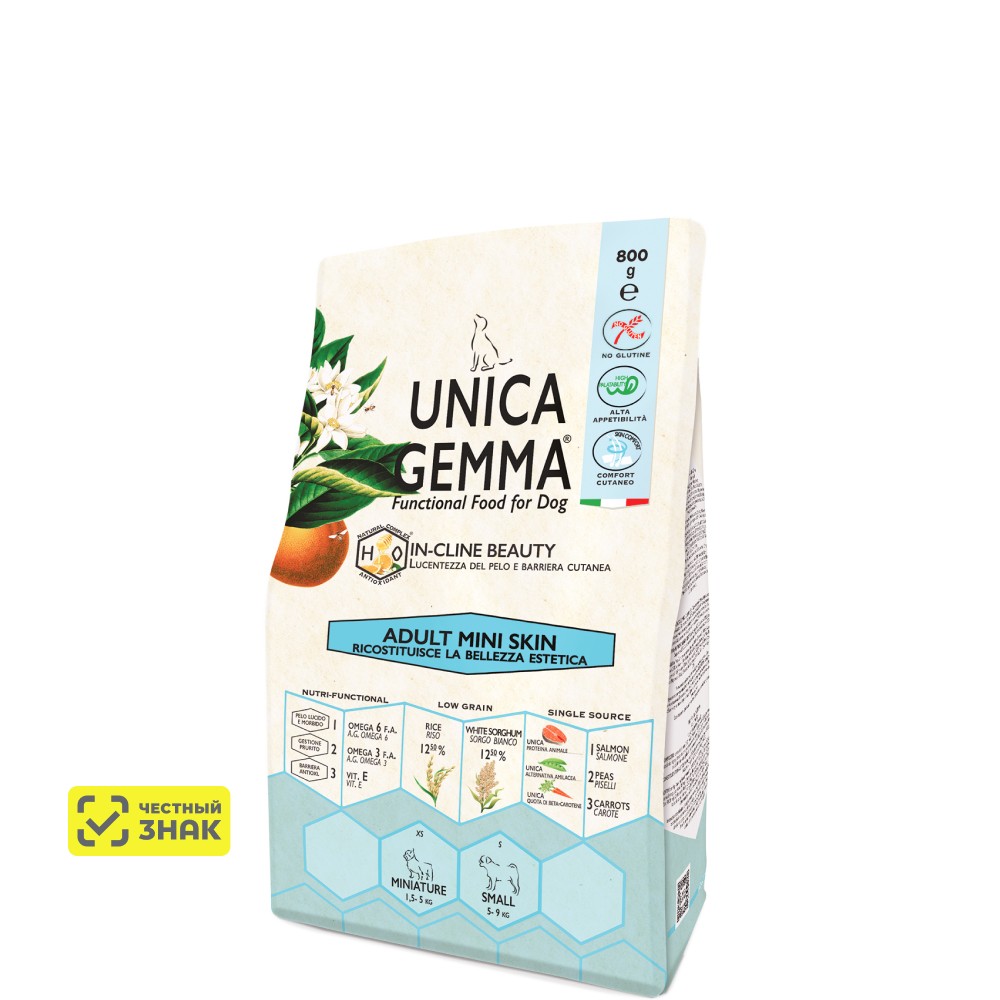 UNICA Gemma Сухой корм для взрослых собак мелких пород для решения проблем с кожей и шерстью, 800 гр.
