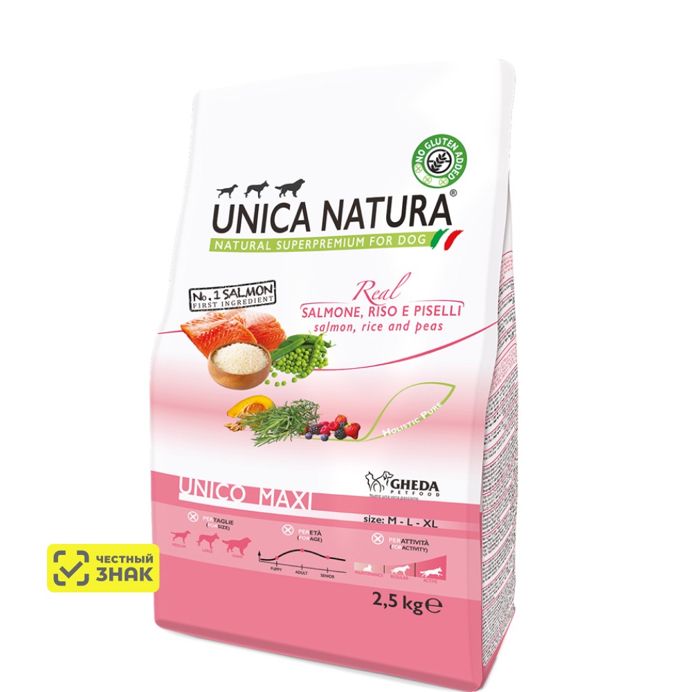 

UNICA Natura Сухой корм для собак крупных пород, с лососем и рисом, 2,5 кг