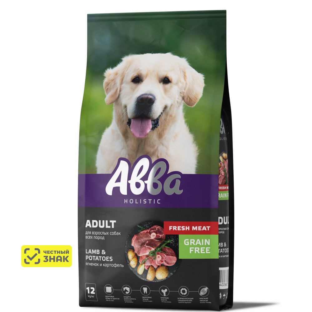 АВВА Grain Free Сухой корм беззерновой для взрослых собак всех пород, с ягнёнком и картофелем, 12 кг