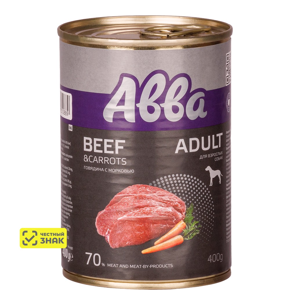 

АВВА Adult Влажный корм (консервы) для взрослых собак всех пород, с говядиной и морковью, 400 гр.