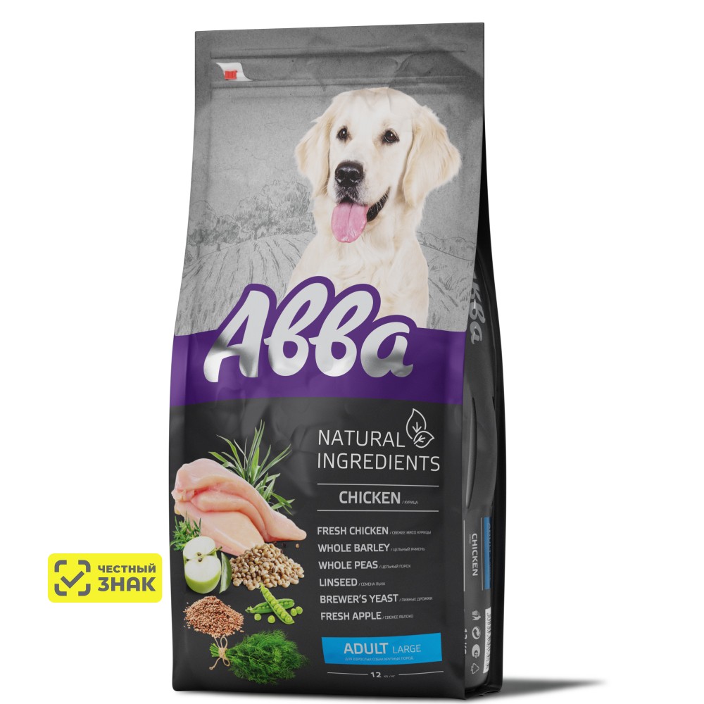 АВВА Natural Ingredients Сухой корм для взрослых собак крупных пород, с курицей, 12 кг