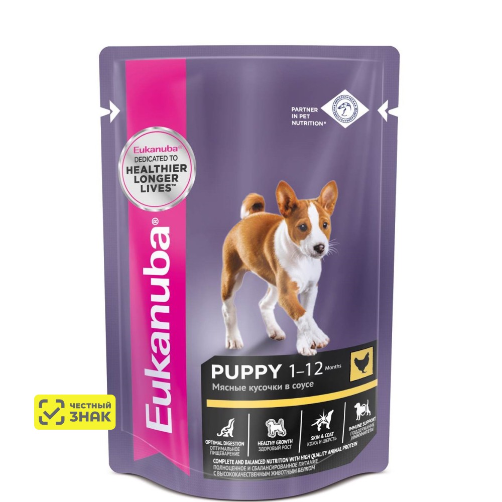 

Eukanuba Puppy all breed Влажный корм (пауч) для щенков всех пород, с курицей в соусе, 85 гр.