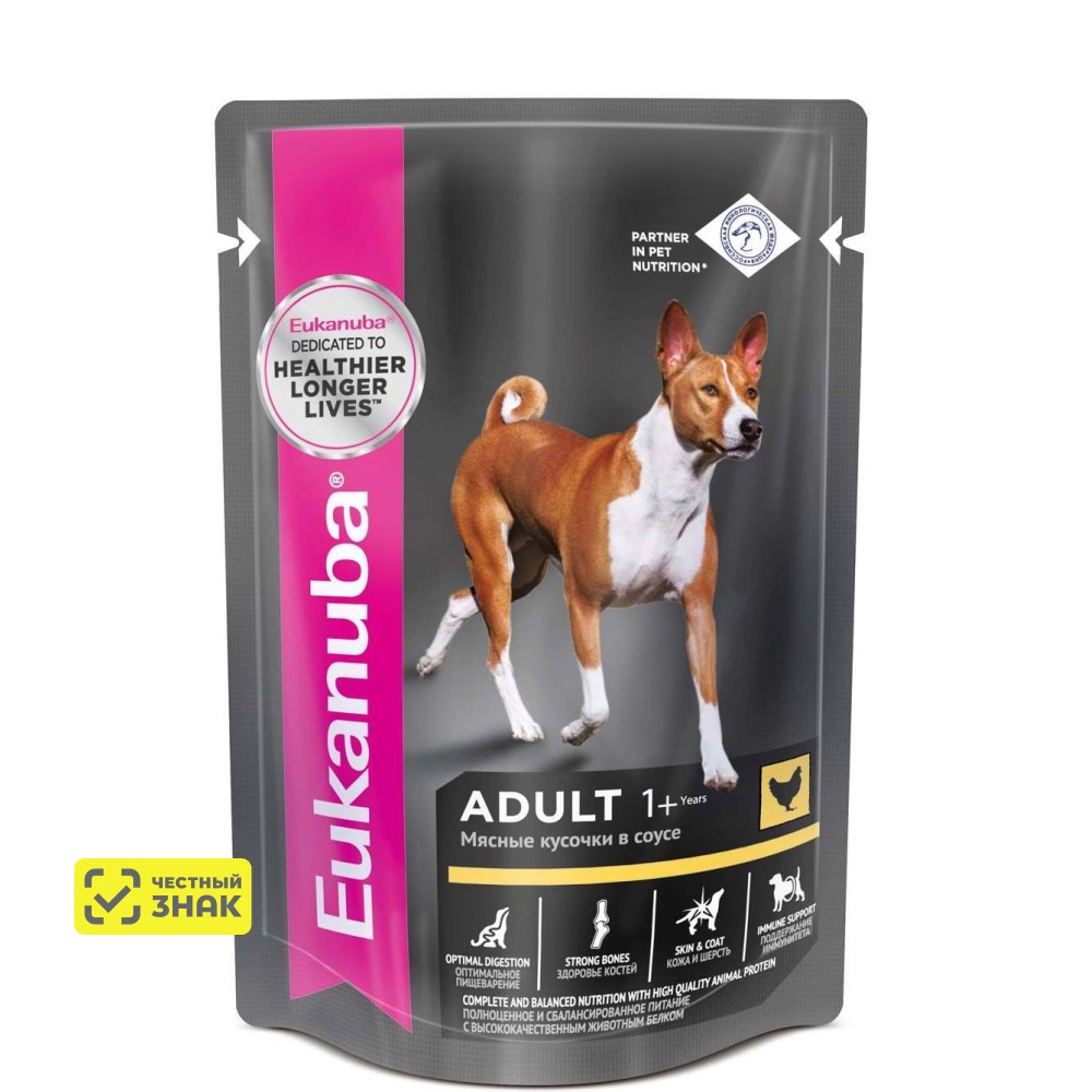 

Eukanuba Adult all breed Влажный корм (пауч) для взрослых собак всех пород, с курицей в соусе, 100 гр.