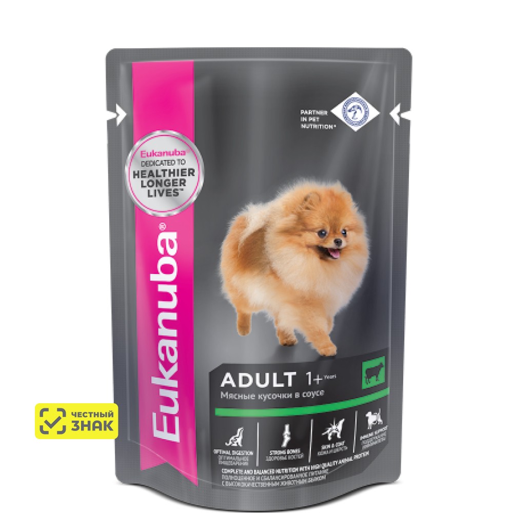 

Eukanuba Adult all breed Влажный корм (пауч) для взрослых собак всех пород, с говядиной в соусе, 100 гр.