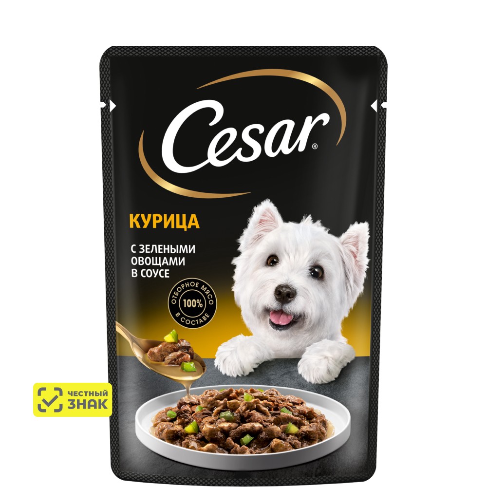 

Cesar Влажный корм (пауч) для собак, курица с зелеными овощами, 85 гр.