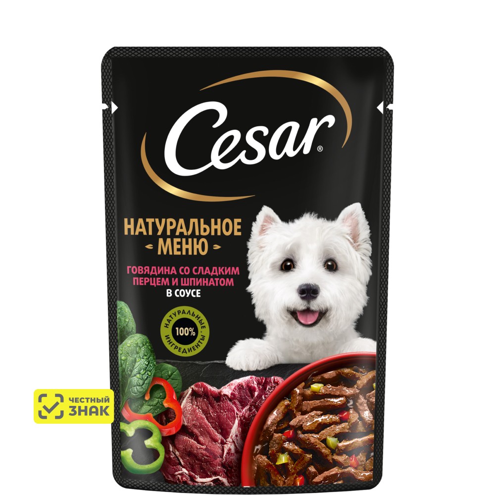 

Cesar Влажный корм (пауч) для собак, говядина, паприка и шпинат в соусе, 80 гр.