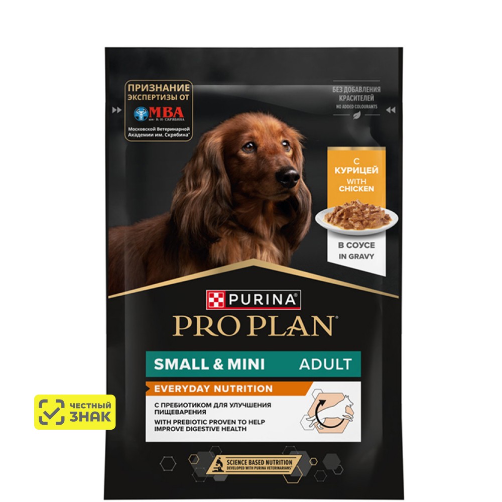 

PRO PLAN® Влажный корм (пауч) для взрослых собак мелких и карликовых пород, с курицей в соусе, 85 гр.